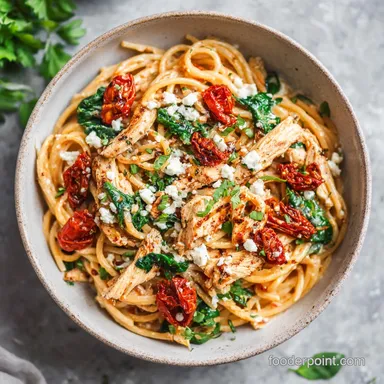 Chicken Feta Spinach Pasta with Sun Dried Tomato Oil Recipe Card