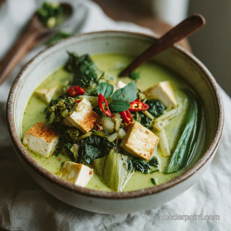 Steaming green curry in a white bowl, topped with vibrant cilantro and a swirl of coconut cream. A spoon invites a taste.