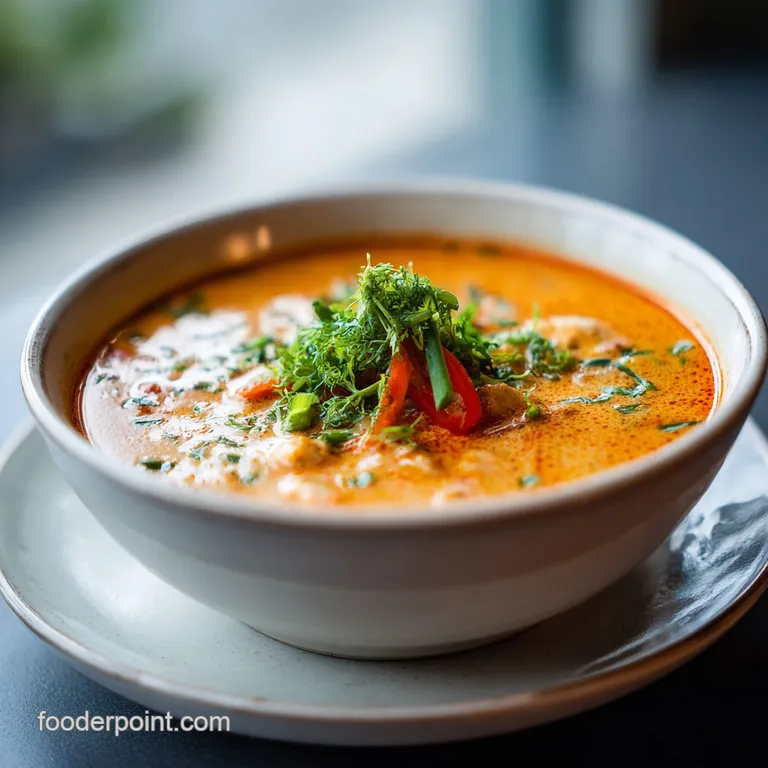 A bright, golden soup served in a white bowl, topped with green herbs, red chili, and a swirl of coconut cream.