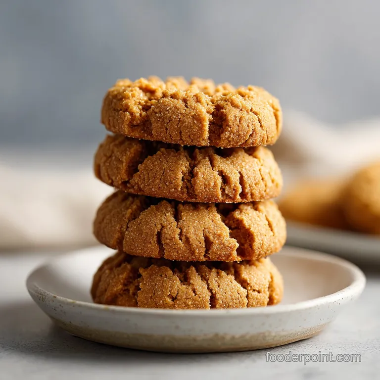 Neatly stacked peanut butter cookies on a delicate plate, showcasing their textured surfaces and inviting golden hue.
