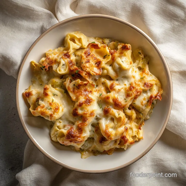 Creamy, cheesy tortellini bake with chicken, served in a white dish, garnished with parsley, and a fork.