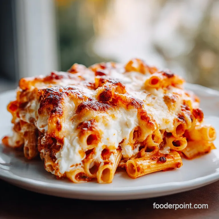 Creamy baked ziti plated with a sprig of fresh basil, a light steam rising, hinting at warm, comforting flavors.