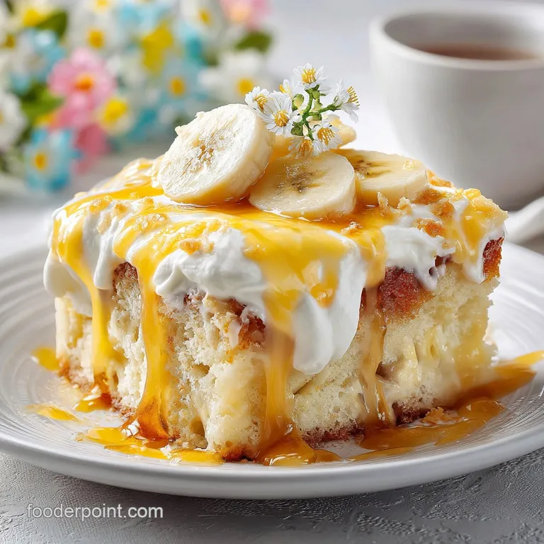 A slice of banana pudding poke cake artfully arranged with fresh banana slices and a dusting of powdered sugar.