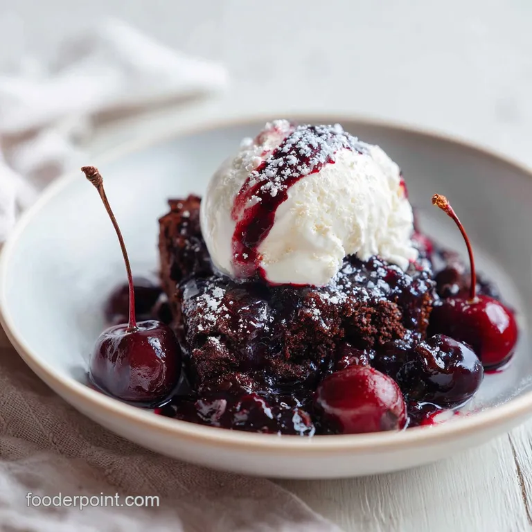 A scoop of rich chocolate cake with ruby cherry dollops, garnished with a dusting of powdered sugar.