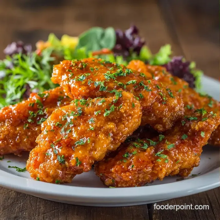 Vibrant red chicken bites arranged neatly on a dark slate board with crisp celery sticks and creamy ranch dip.