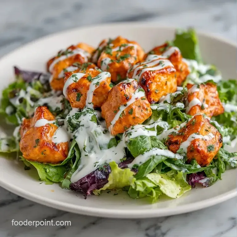 Glossy, spicy orange chicken strips atop a bed of mixed greens, cherry tomatoes, and dots of creamy white dressing.