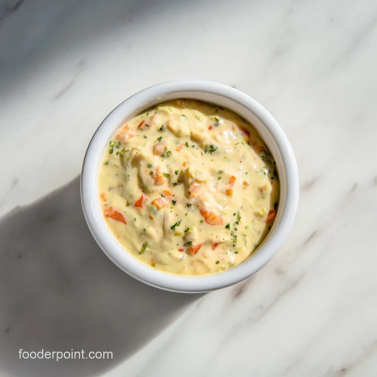A dollop of zesty remoulade sauce artfully placed beside bright green lettuce and golden fried seafood.