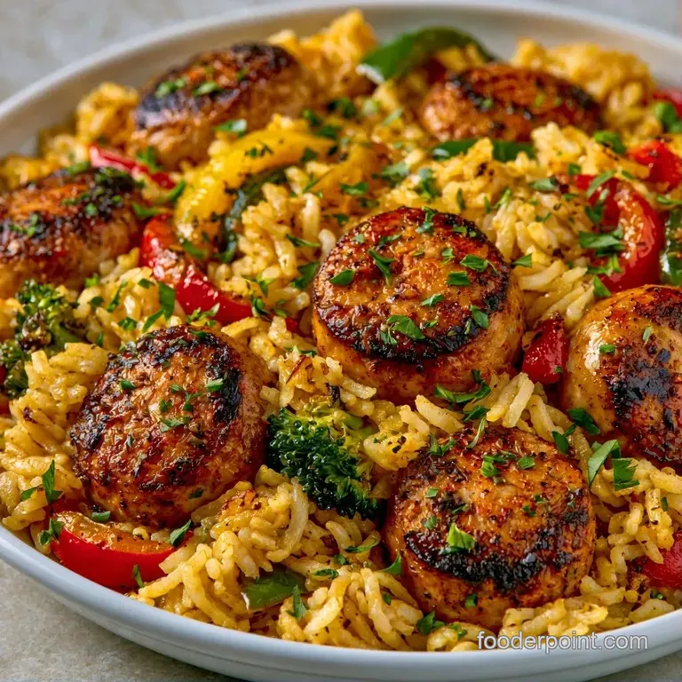 Mound of seasoned orange rice topped with seared sausage and fresh parsley on a clean white ceramic plate.