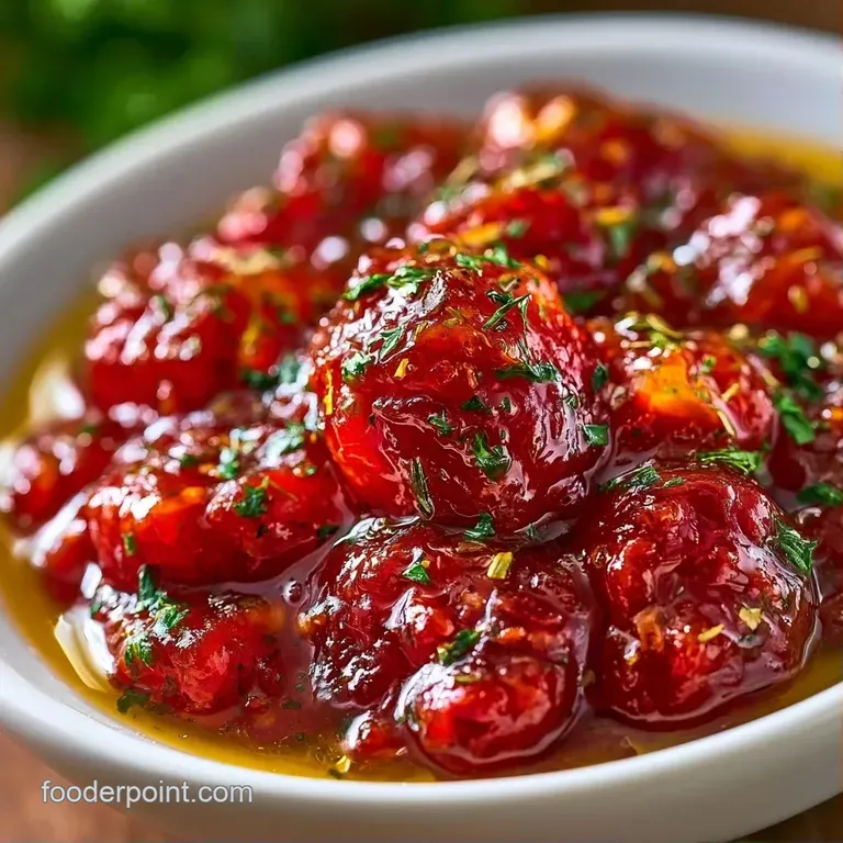 Vibrant red sauce in a white bowl, garnished with a fresh green basil leaf and a golden drizzle of olive oil.