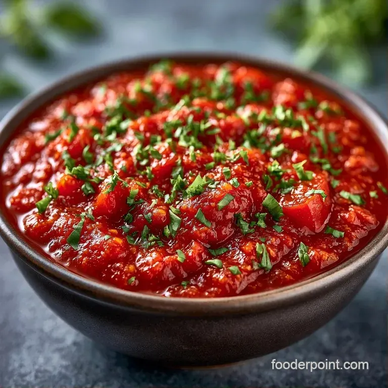 Vibrant red sauce swirled elegantly on a white ceramic plate, topped with a fresh basil leaf and olive oil.