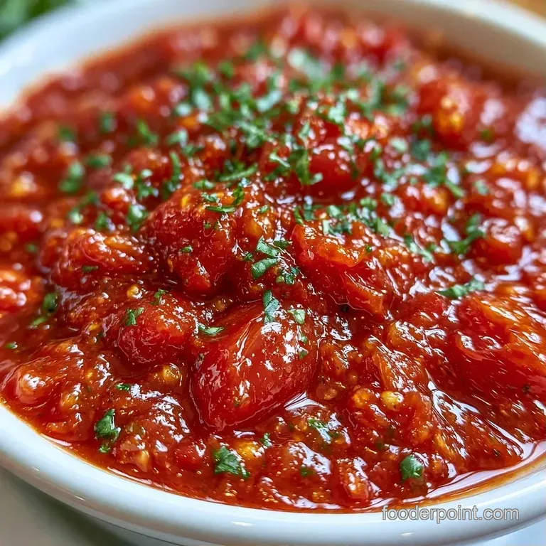 Six polished glass jars of vibrant red sauce arranged in a neat row on a white linen cloth with a sprig of basil.