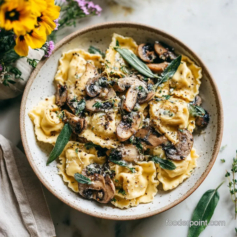 Plated tortellini with garlic mushrooms, glistening in butter sauce, alongside toasted bread. Steam rises, hinting at warm...
