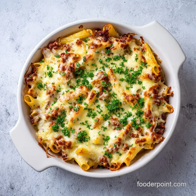 Plated portion of baked ziti. Ground beef visible in sauce, with a rich layer of melted mozzarella on top. Steaming hot.
