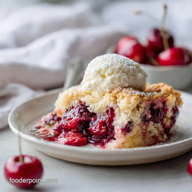 A warm slice of cherry dump cake, topped with melting vanilla ice cream and a sprinkle of toasted almonds.