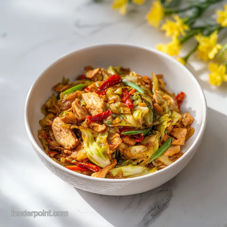 A colorful mound of chicken and cabbage stir-fry, artfully arranged on a white plate with a sprinkle of sesame seeds.