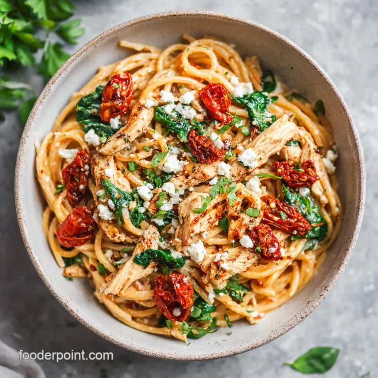 Elegant twirls of pasta nestled in a bowl, speckled with bright green spinach and creamy feta, kissed by sunlight on a rus...