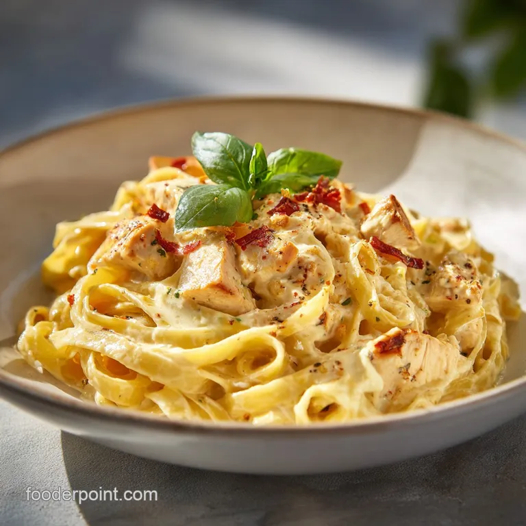 Elegant plate of fettuccine Alfredo with tender chicken, a sprinkle of parmesan, and cracked pepper. Creamy, rich, and utt...