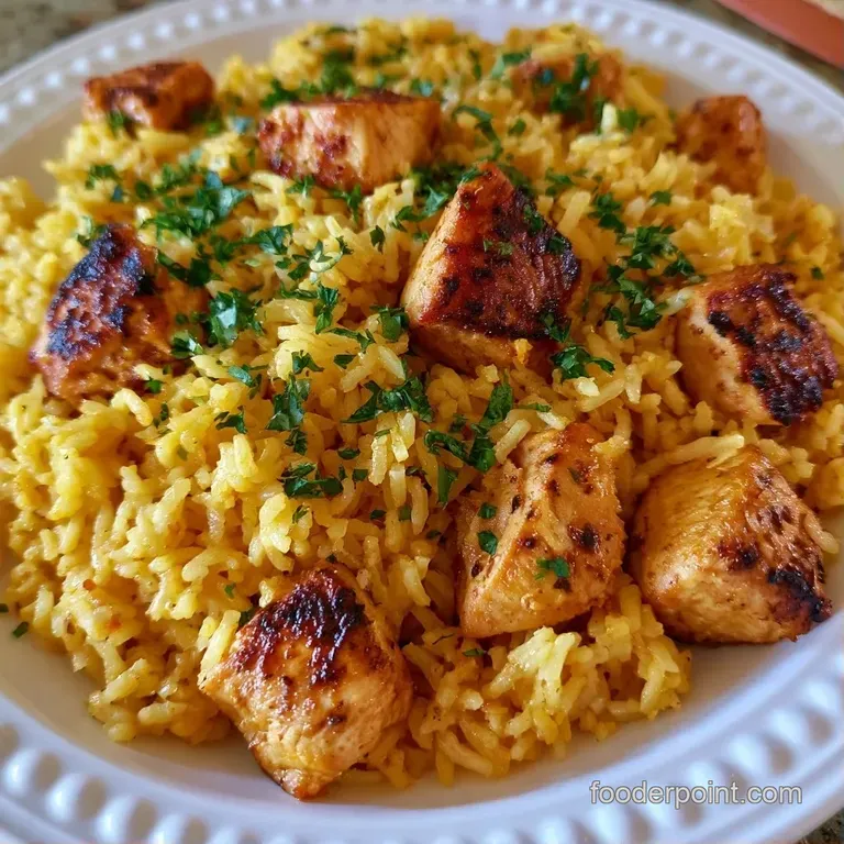 A portion of tender seared chicken and savory rice garnished with fresh parsley on a matte ceramic white plate