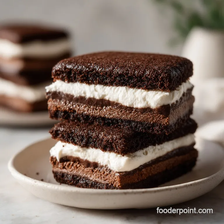 A square slice of tiered chocolate cream dessert on a white ceramic plate with a dollop of fresh whipped cream.