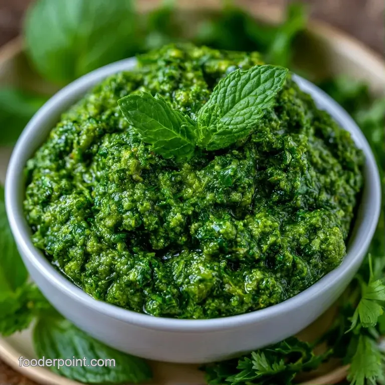 A small ceramic bowl of bright green sauce placed next to golden samosas on a rustic wooden platter with mint leaves.