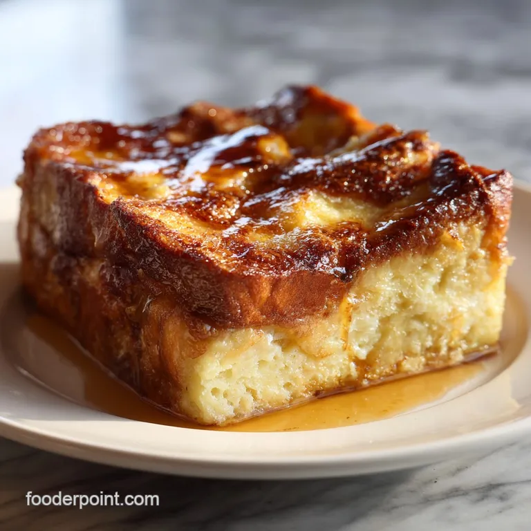 A warm slice of French toast casserole topped with fresh berries and a dusting of powdered sugar on a white plate.