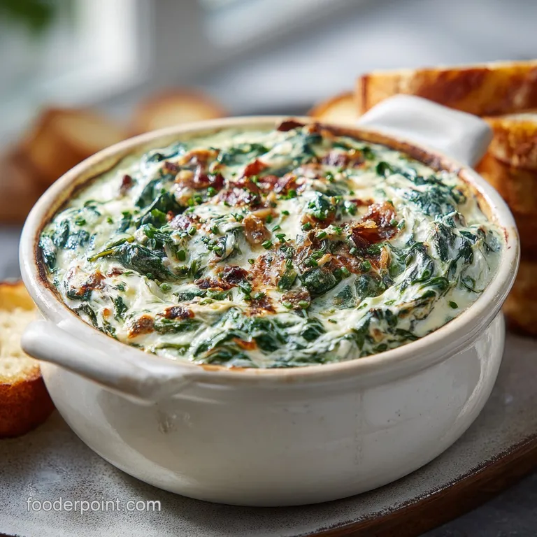 A rustic wooden board laden with a warm spinach dip, surrounded by toasted baguette slices.