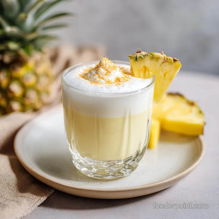 Tall, frosted glass filled with a creamy, pale yellow pina colada, garnished with a vibrant cherry.