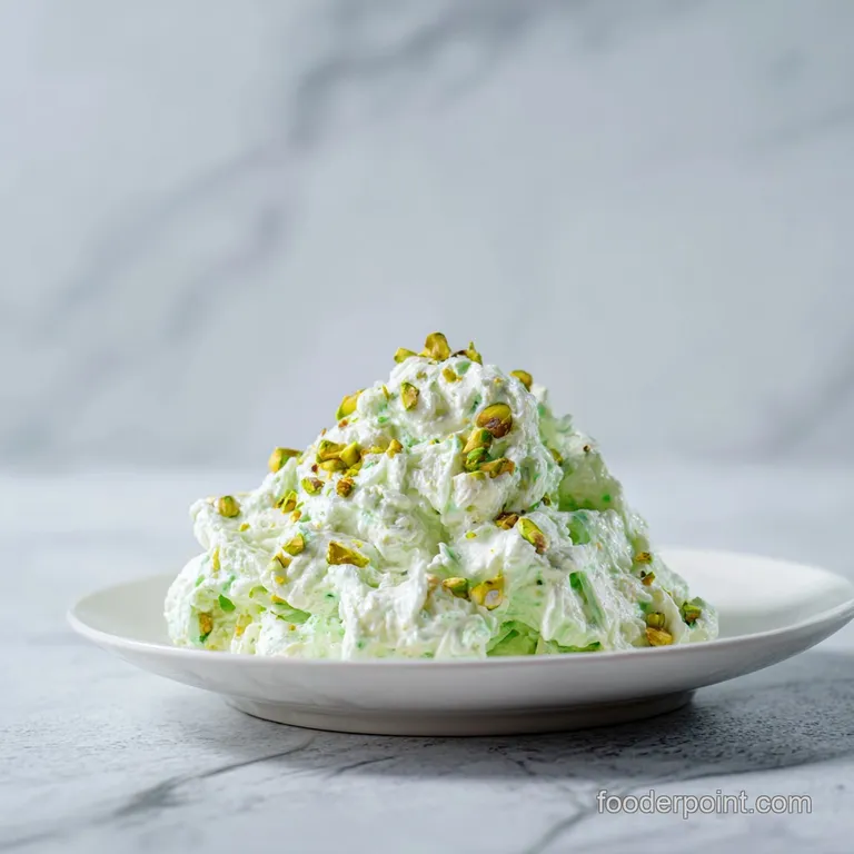 A vibrant green mound of Watergate salad topped with cherries and shredded coconut, artfully arranged.