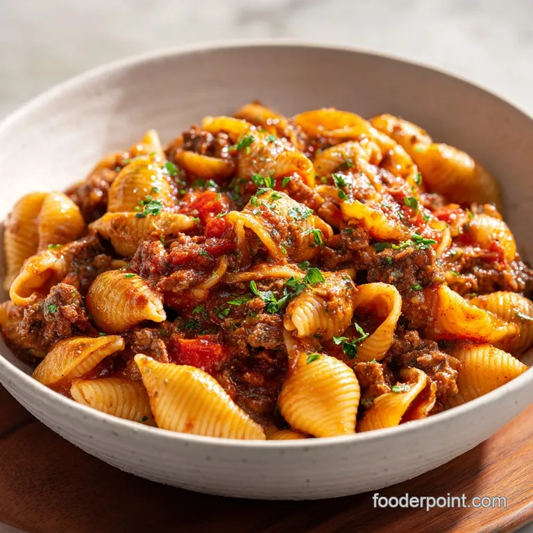 Tender pasta shells nestled in a creamy beef sauce, garnished with fresh parsley, artfully plated.