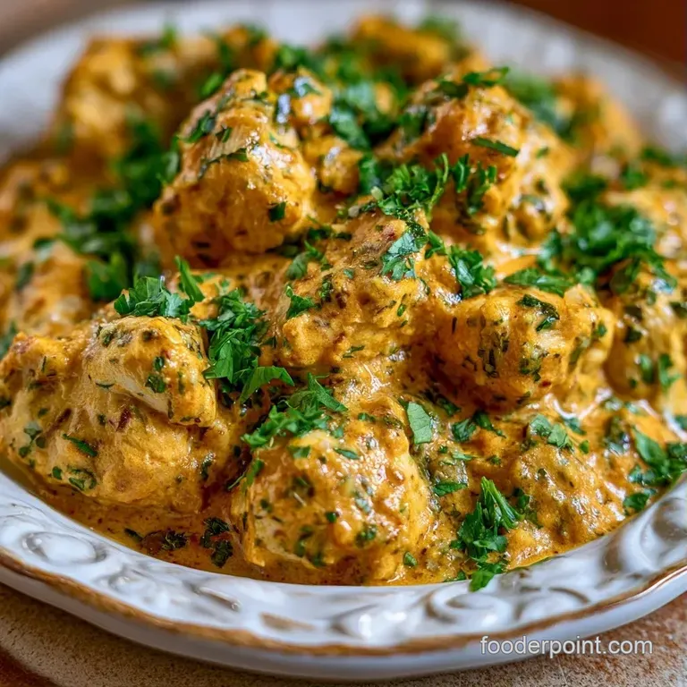 A shallow white bowl of velvety golden curry paired with steamed basmati rice and a warm, charred piece of naan bread.