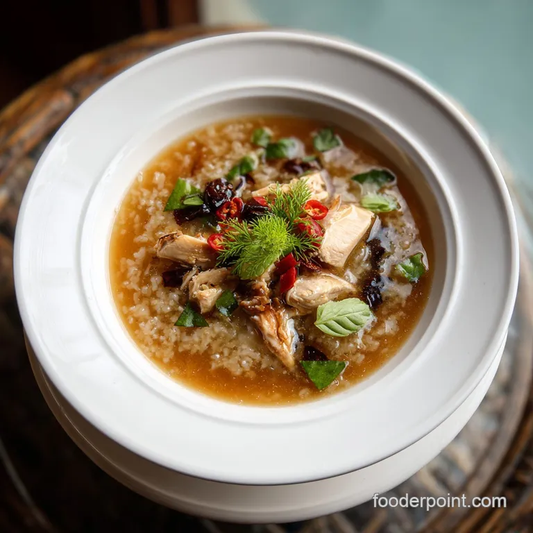 Elegant bowl of creamy chicken rice soup garnished with fresh parsley and a swirl of cream, hinting at a comforting warmth.