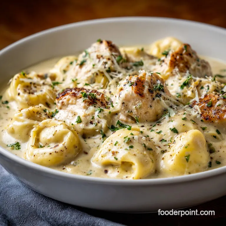 A perfectly portioned plate of Alfredo tortellini, glistening with sauce, garnished with a sprig of fresh parsley.