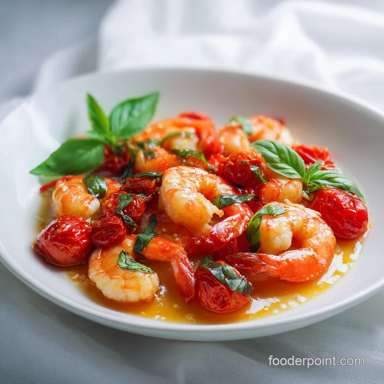 Elegant white bowl filled with succulent pink shrimp in a creamy, pale gold sauce and topped with chopped parsley.