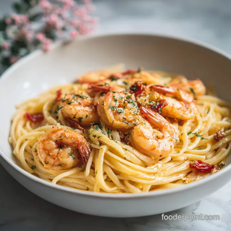 Elegant plate of creamy garlic shrimp pasta, garnished with vibrant parsley and a lemon wedge, showcasing tender, pink shr...