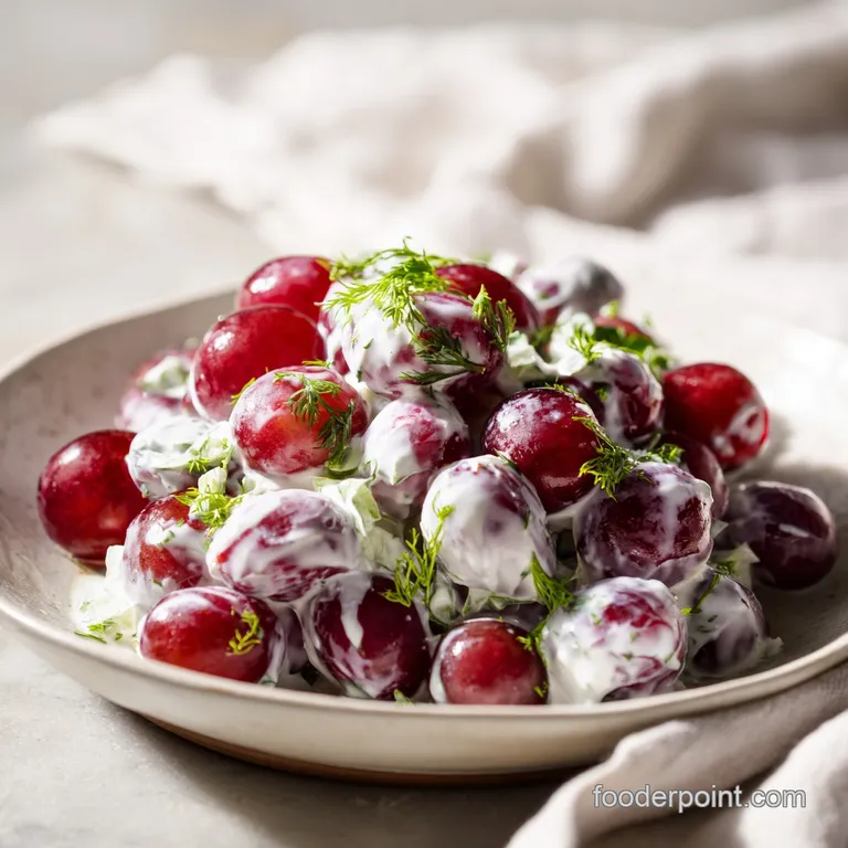 A delicate swirl of creamy grape salad adorned with chopped pecans and a few scattered mint leaves.