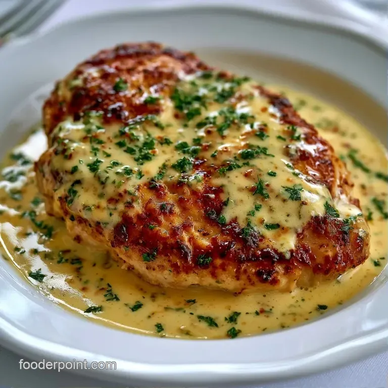 Tender chicken breasts drizzled with a bright yellow glaze on a white ceramic plate with a sprig of fresh greenery.