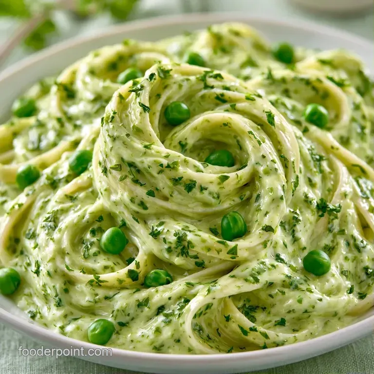 A shallow white bowl of vibrant green pasta topped with a fresh mint leaf and a dusting of white parmesan cheese.