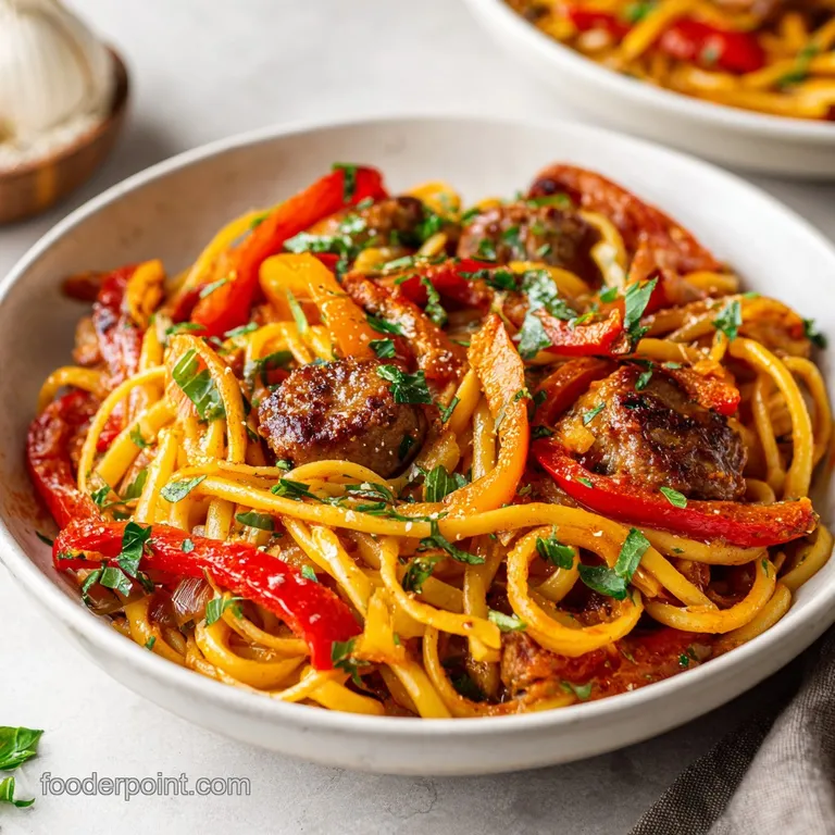 Perfectly plated pasta with sausage & peppers, garnished with fresh basil, Parmesan, & a drizzle of olive oil; rustic Ital...