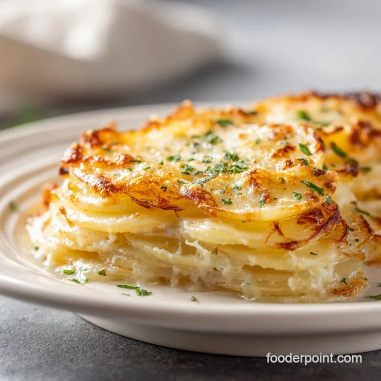 Elegant portion of creamy scalloped potatoes; browned and bubbling, garnished with fresh thyme sprigs on a white plate.