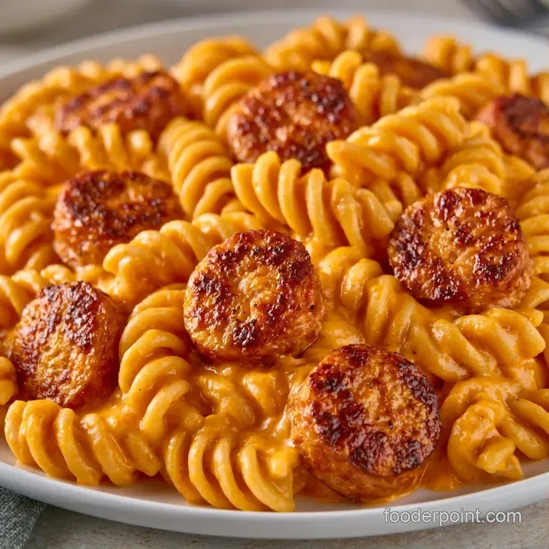 A white ceramic bowl of creamy pasta with seared sausage circles, topped with fresh parsley and grated parmesan.
