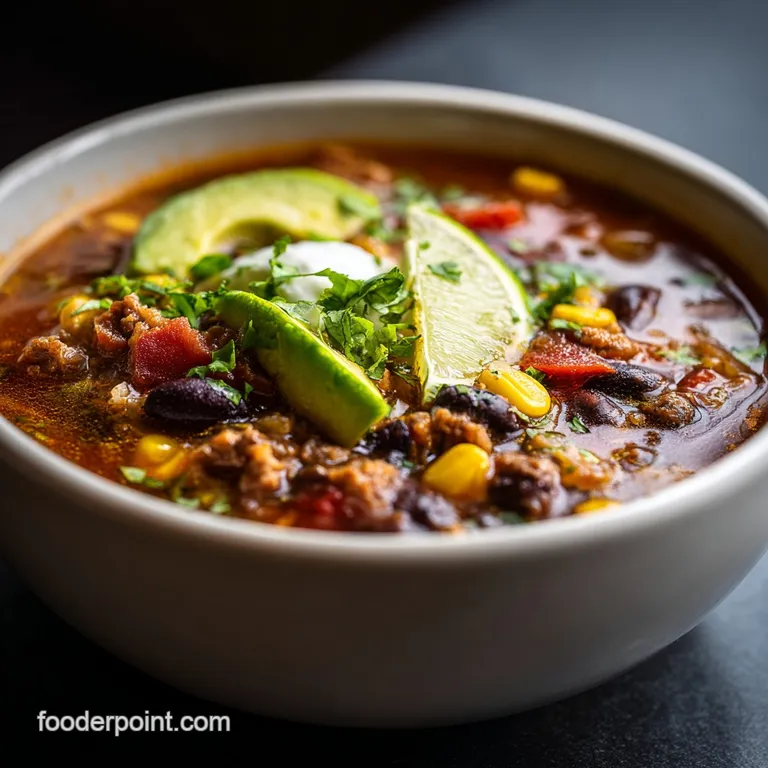 A steaming bowl of rich taco soup, garnished with vibrant cilantro and a dollop of sour cream.