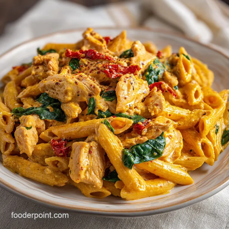 Elegant plate of Tuscan chicken pasta: glistening sauce coats the noodles and chicken, topped with vibrant basil leaves.