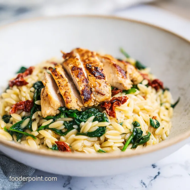 Elegant white bowl of creamy rice-shaped pasta with red sun-dried tomatoes, topped with shaved parmesan cheese.