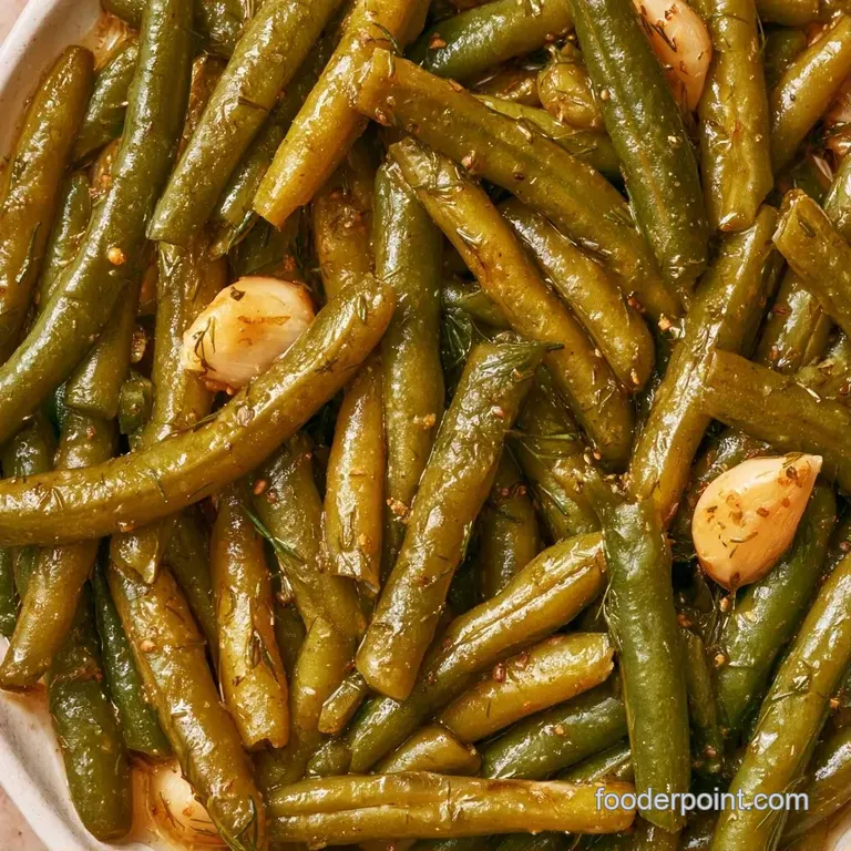 Vibrant green bean spears neatly piled in a white ceramic bowl beside a sprig of fresh dill and peppercorns.