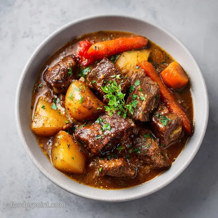 A hearty bowl of savory beef stew, brimming with root vegetables and a hint of fresh parsley garnish.