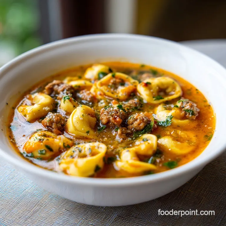 A steaming bowl of cheesy tortellini soup, garnished with fresh herbs, sausage rounds, and a swirl of cream.