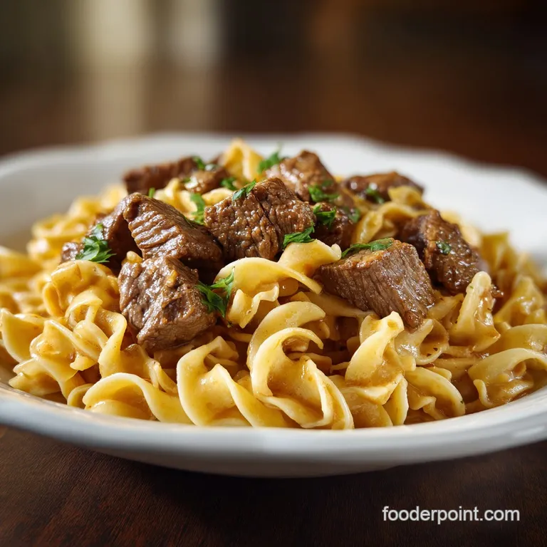 Close-up of glistening noodles and shredded beef in deep bowl, topped with fresh parsley and a dollop of creamy sauce.