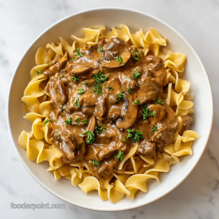 Elegant plate of stroganoff; tender beef and mushrooms in a rich cream sauce, garnished with parsley, next to egg noodles.