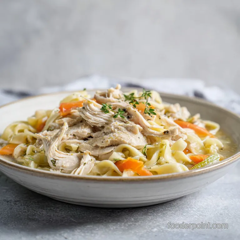 Plated chicken and noodles, a creamy, comforting swirl. Garnished with fresh parsley, steam rising gently, appealing to th...