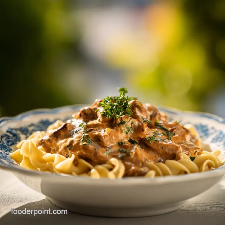 Elegant plate of creamy chicken stroganoff, garnished with fresh dill. Steaming, inviting, and ready to be enjoyed.